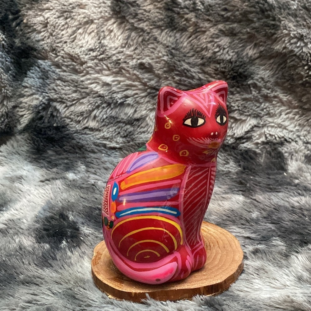 Folk Art Yellow Hand Painted Clay 
Cat Piggy Bank Floral Coin Bank - Picture 2 of 15